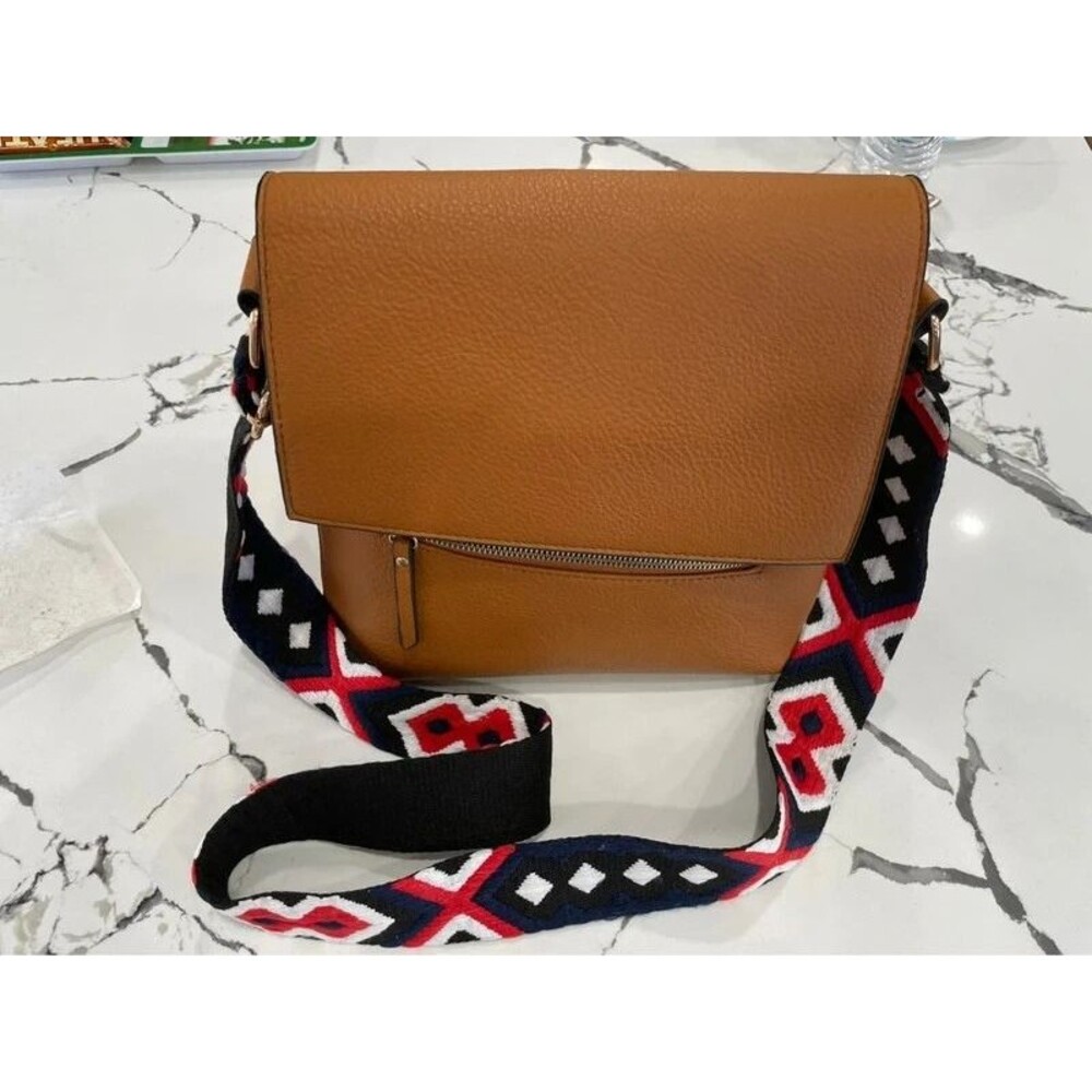 Classic tan PVC vegan Crossbody bag embroidered strap small spot inside